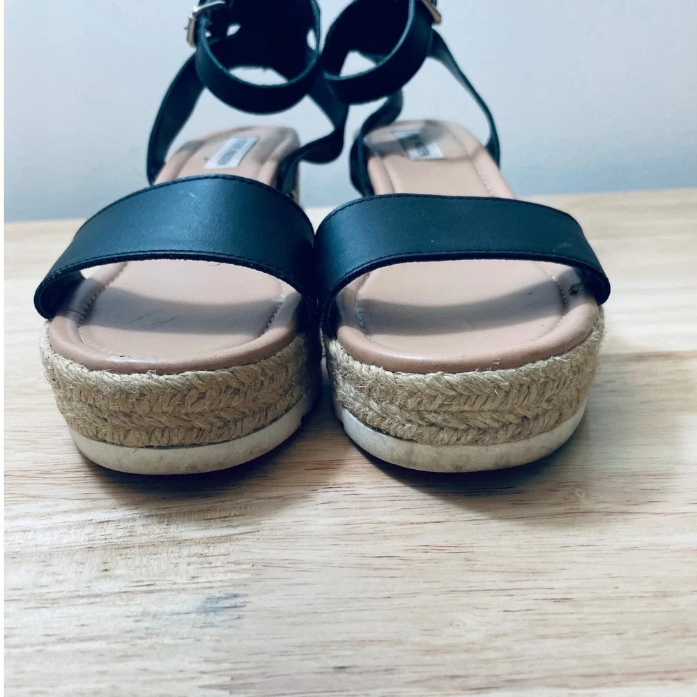 Steve‎ Madden Jewell Black Leather Cork Wedge Espadrille Sandals Women's 9.5M